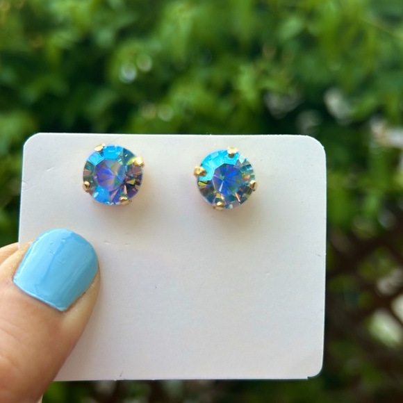 Iridescent Blue + Gold Crystal Earrings - Picture 16 of 16